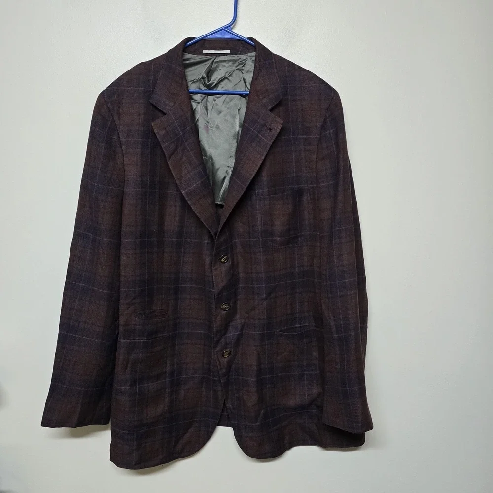 Brunello Cucinelli Sartoria Solomeo Blazer Linen Wool Silk Burgundy Plaid Italy